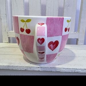 Harvest Green Studio Cherry & Heart Mug-Pink Gingham Checkered - NEW.